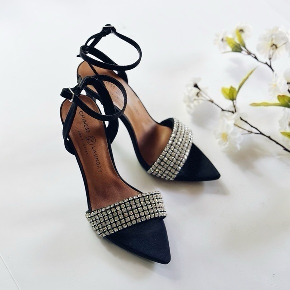 New Chinese Laundry Justine Sandal Black Rhinestones Ankle Strap - Picture 1 of 10